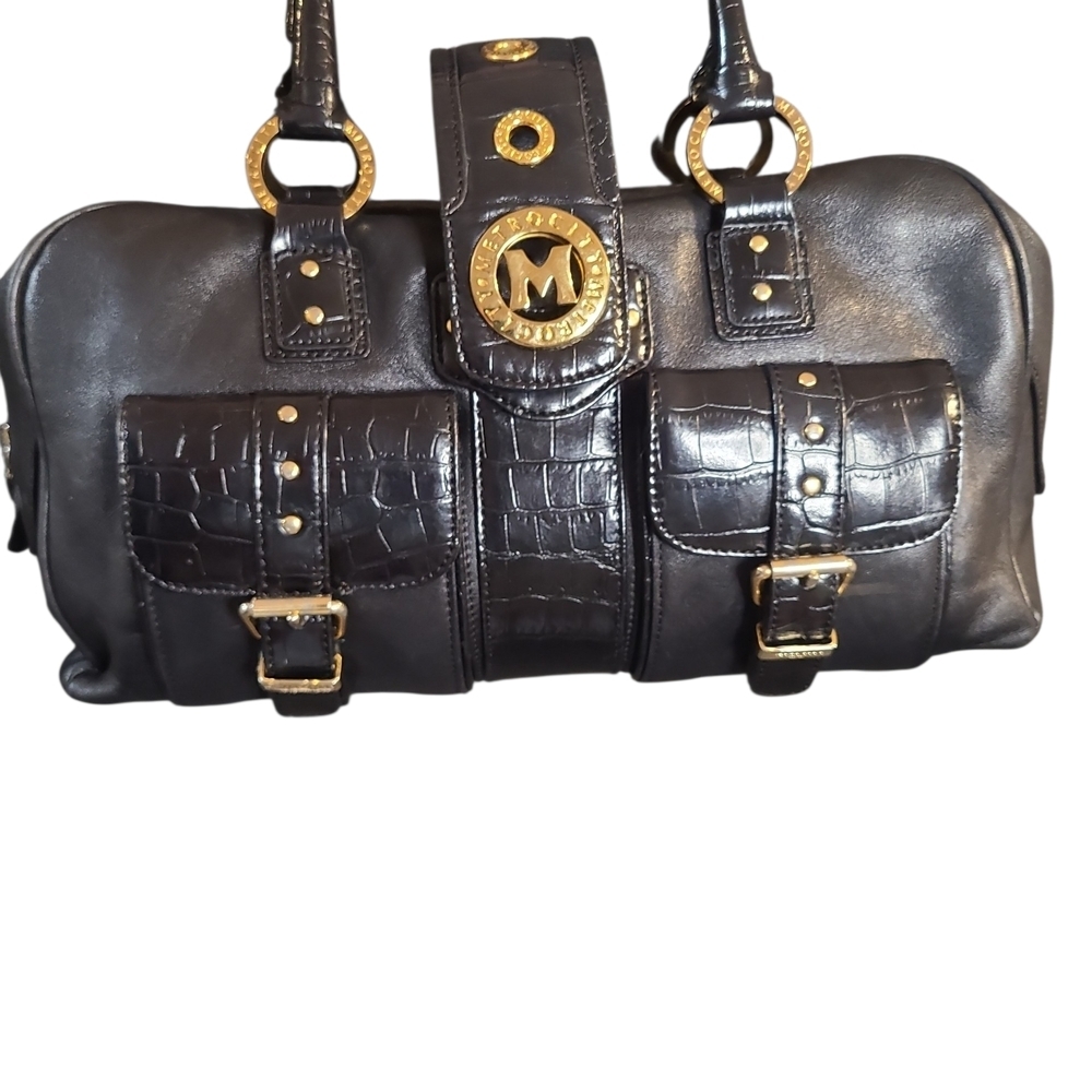 Black Croc-Embossed Satchel with Gold Medallion Hardware